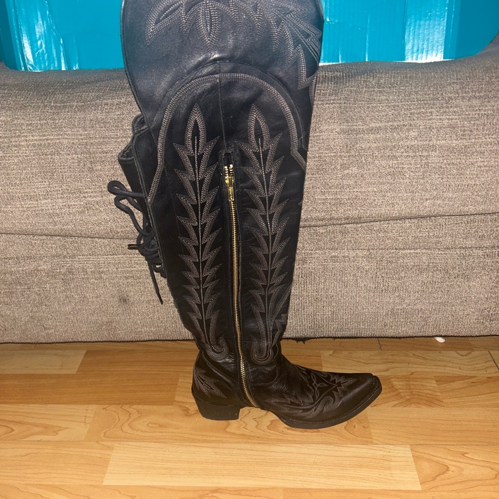 Black Embroidered Tall Boots - Picture 3 of 4
